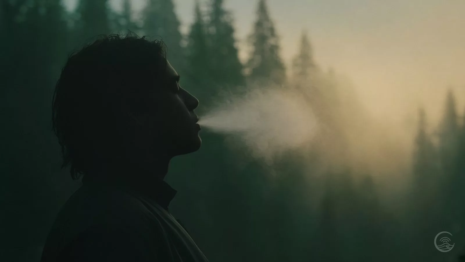 Silhouette of a person breathing out a plume of vapour in a misty pine forest at dawn