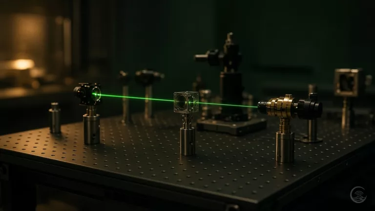 A quantum optics lab bench in dim light: mirrors, a beam-splitter cube and lens mounts on a black optical table, with a thin green laser beam running between them.