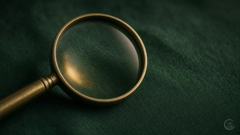 A brass-rimmed magnifying glass resting on dark green linen, enlarging the weave of the fabric beneath it, with a soft golden reflection on the lens.