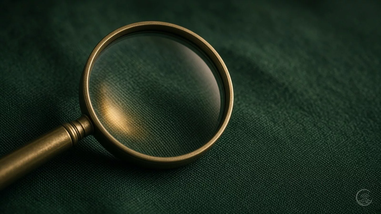 A brass-rimmed magnifying glass resting on dark green linen, enlarging the weave of the fabric beneath it, with a soft golden reflection on the lens.