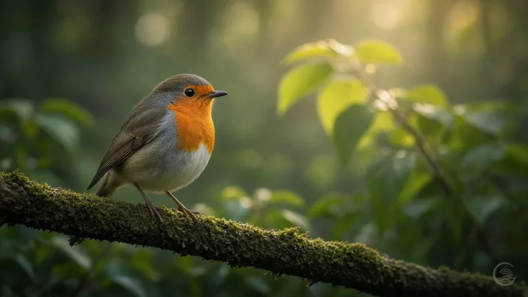 A robin perched on a mossy branch in a misty green forest, with warm morning sunlight shining through the leaves behind it.