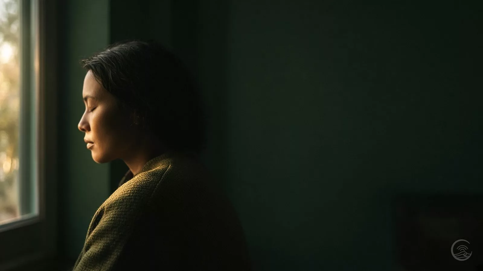A person sitting quietly by a window in a dim, dark green room, eyes closed, warm golden light falling across their face and shoulder.