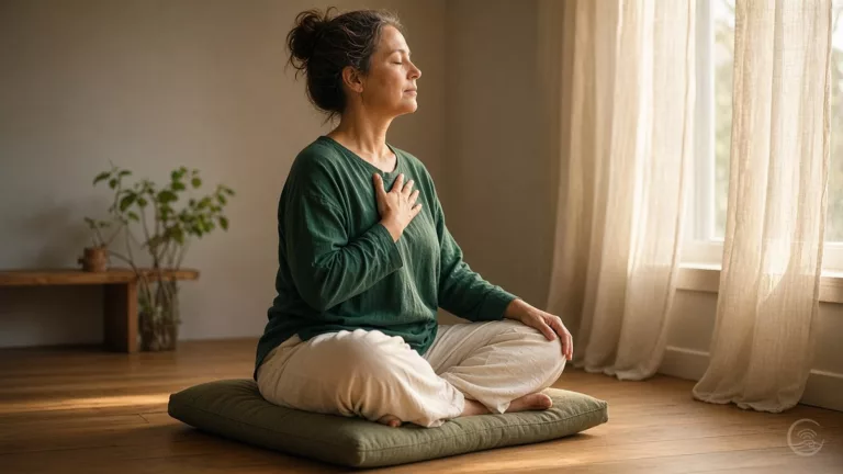 A woman sits cross-legged on a green cushion in a quiet, sunlit room, eyes closed, one hand resting on her chest and the other on her knee, breathing calmly.
