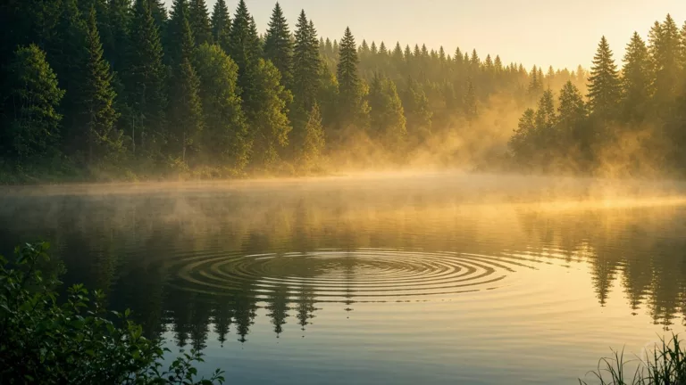Golden morning mist drifts over a still forest lake at dawn, with soft concentric ripples spreading across the water like sound waves.