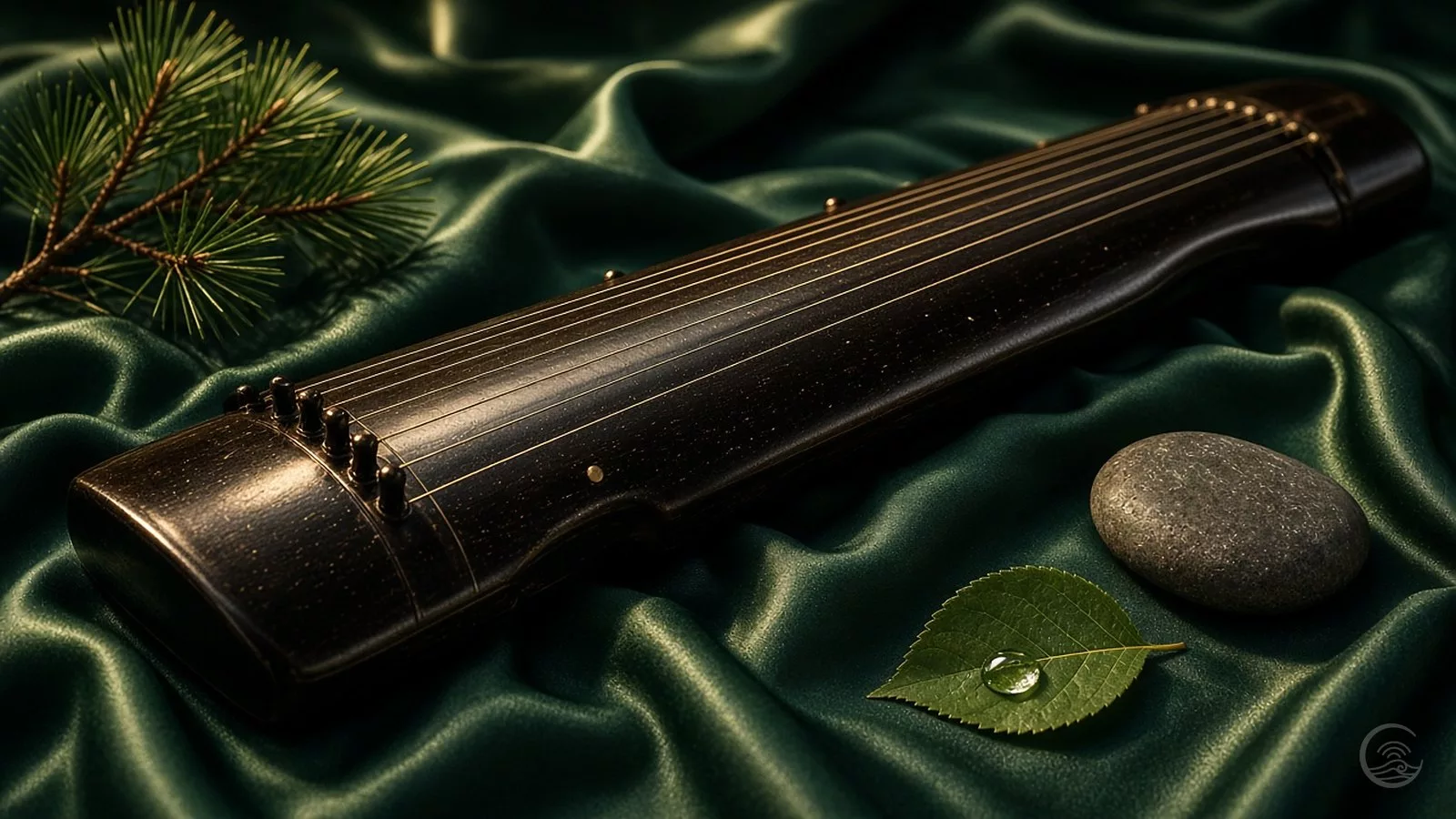 A dark lacquered guqin, a traditional Chinese zither, lies on deep green silk, its silk strings catching warm light, beside a pine sprig, a smooth river stone and a leaf with a drop of water.