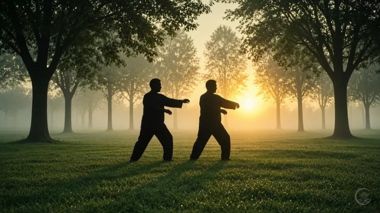 Two people in silhouette practise tai chi side by side on a dewy park lawn at dawn, among tall trees and morning mist, with the low sun glowing behind them.