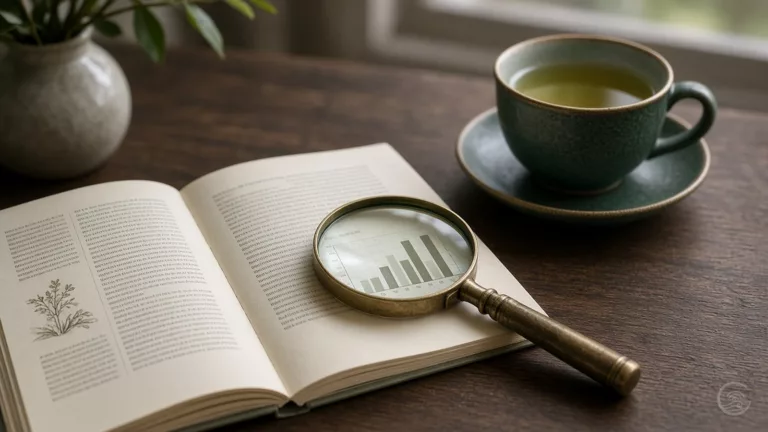 An open book lies on a dark wooden table, with a brass magnifying glass resting on one page and enlarging a small bar chart; beside it are a green cup of tea on a saucer and a pale vase with green leaves.