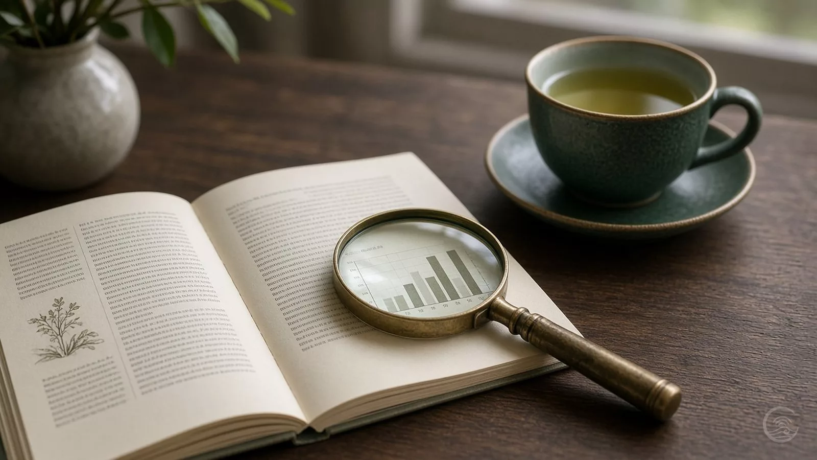 An open book lies on a dark wooden table, with a brass magnifying glass resting on one page and enlarging a small bar chart; beside it are a green cup of tea on a saucer and a pale vase with green leaves.