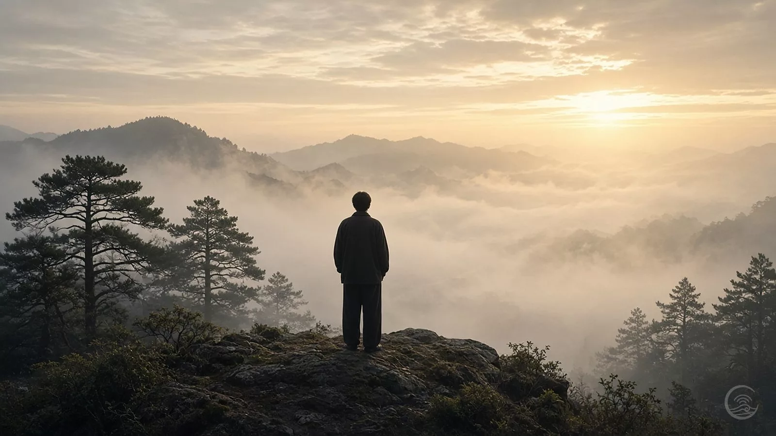 A person in dark loose clothing stands quietly on a rocky mountain ridge at dawn, seen from behind, with pine trees and a sea of mist below and the sun rising over distant peaks.