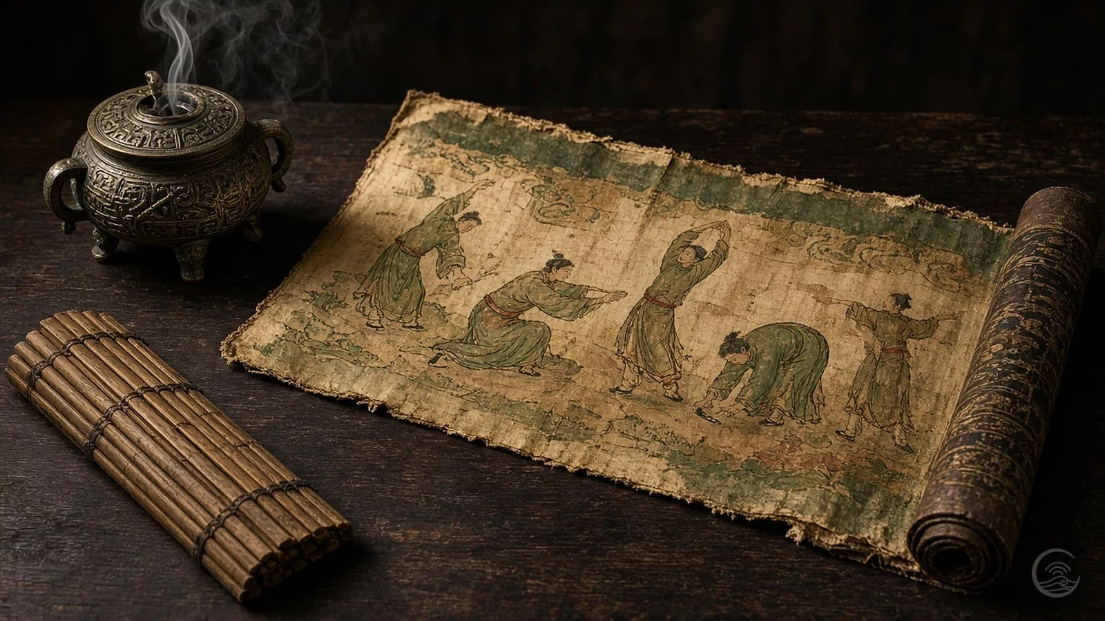 An illustration in the style of an ancient silk painting, showing small figures doing stretching exercises, lies partly unrolled on dark wood beside a bundle of bamboo slips and a bronze incense burner with a thread of smoke.