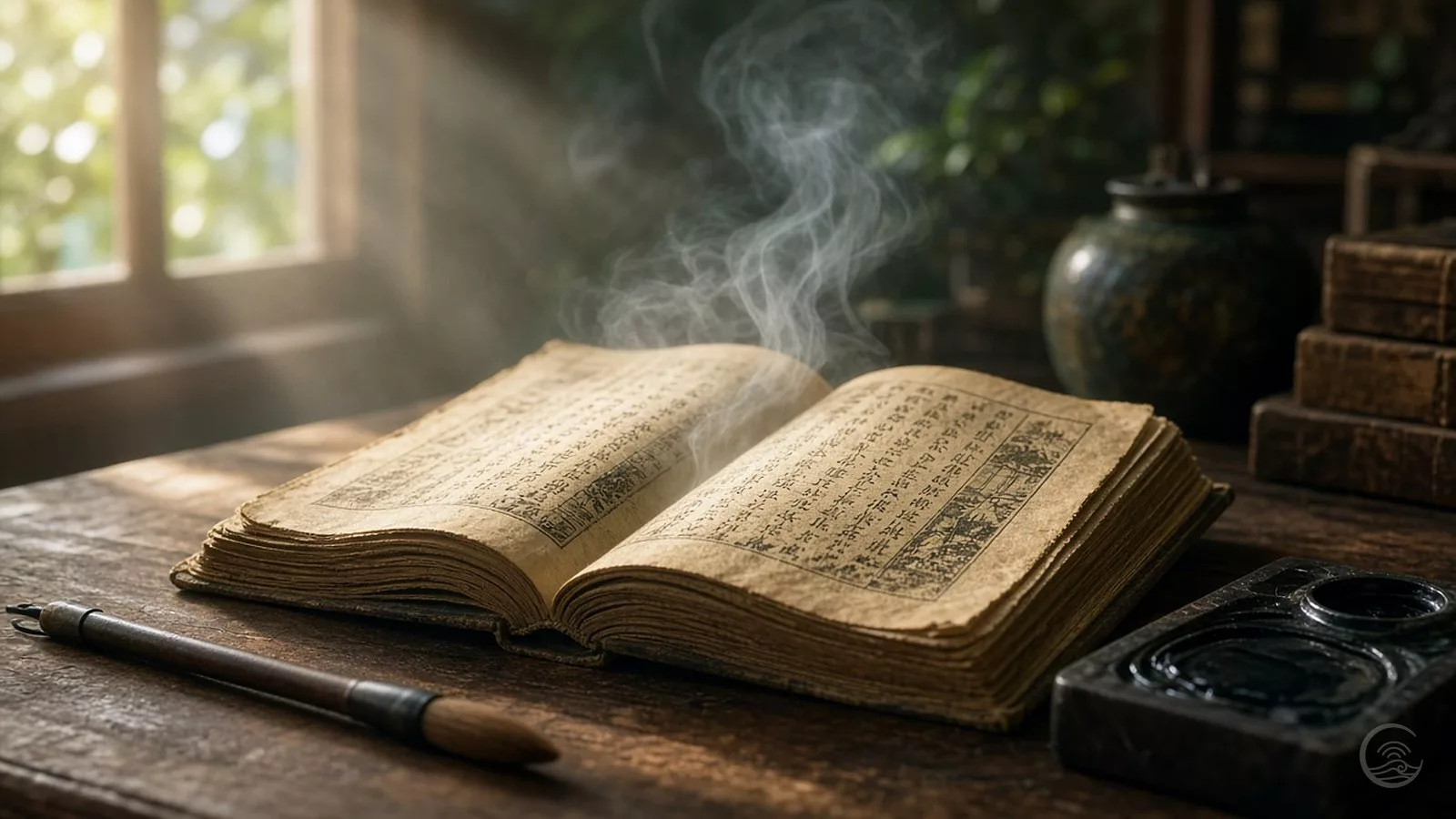 An old open book with Chinese-style printed pages lies on a wooden desk by a sunlit window, with a wisp of mist rising from it like a breath, a brush and an ink stone beside it.