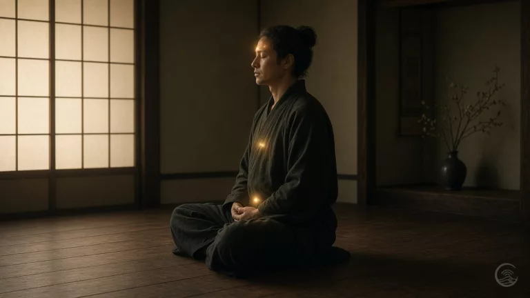 A person in dark loose clothing sits cross-legged in meditation on a wooden floor in a dim traditional room, eyes closed, hands resting at the lower belly, with three soft points of golden light at the belly, chest and forehead and a paper window glowing behind.