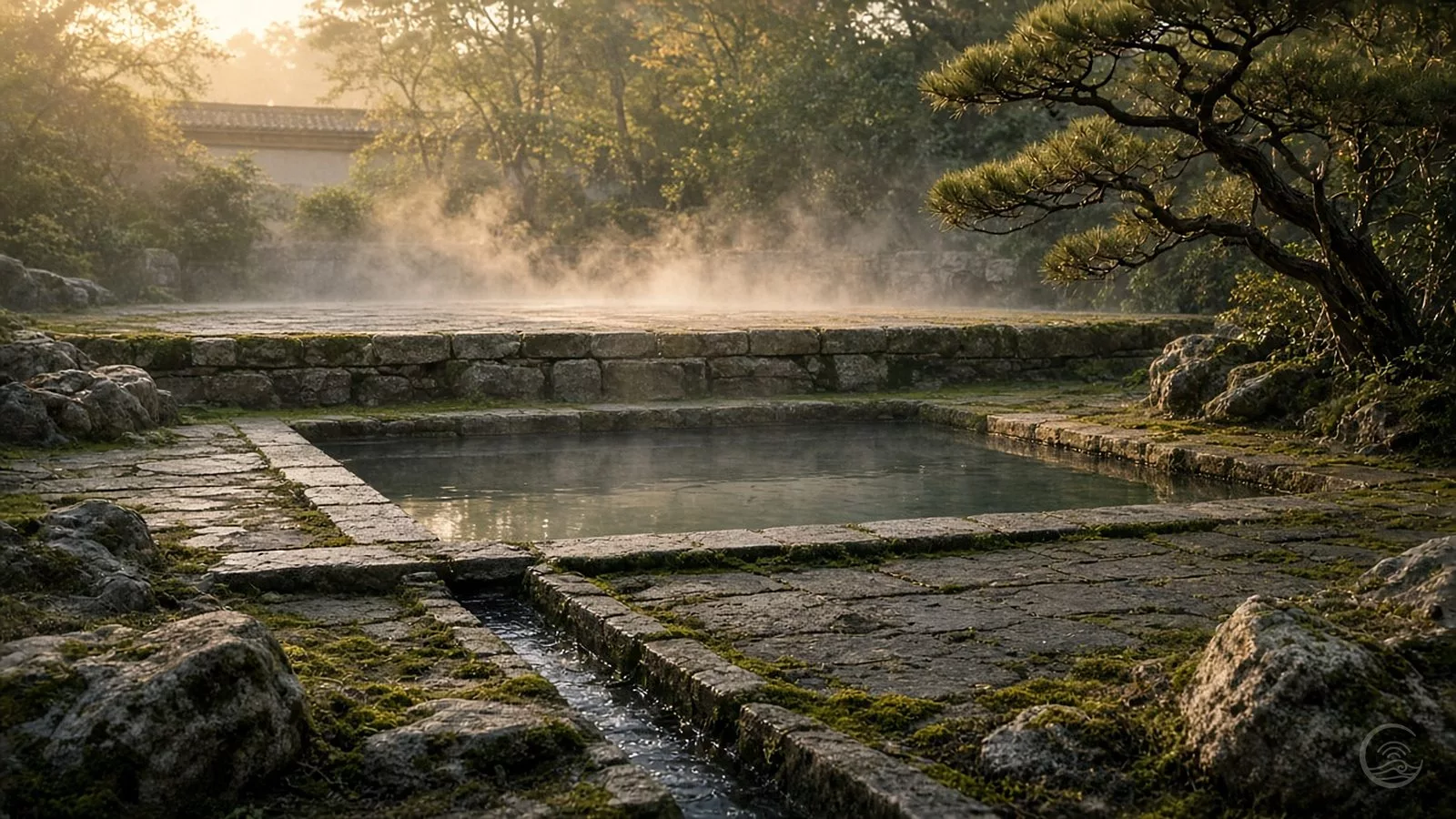 Three stepped stone terraces in a quiet garden at dawn: mist rises above the top one, a still pool fills the middle one, and a narrow stone channel carries water away at the bottom, with moss and a pine tree in warm light.