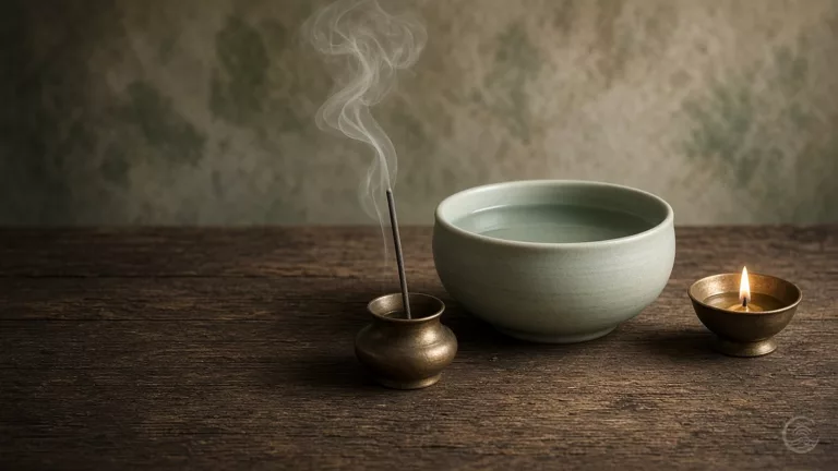 Three simple objects on a dark, weathered wooden table: a small bronze pot holding an incense stick that sends up a curling thread of smoke, a celadon bowl of still water, and a small brass oil lamp with a calm golden flame.