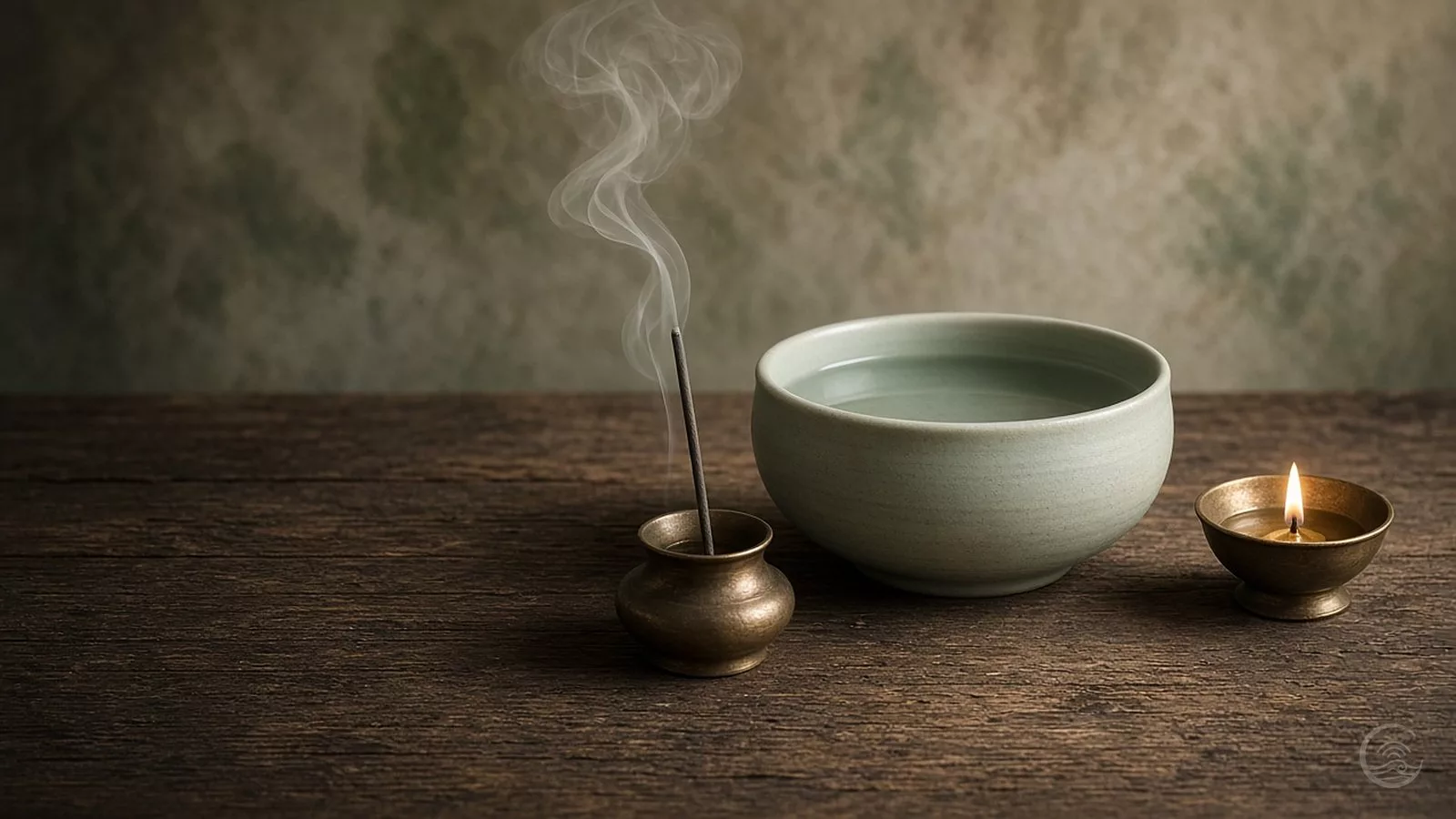 Three simple objects on a dark, weathered wooden table: a small bronze pot holding an incense stick that sends up a curling thread of smoke, a celadon bowl of still water, and a small brass oil lamp with a calm golden flame.
