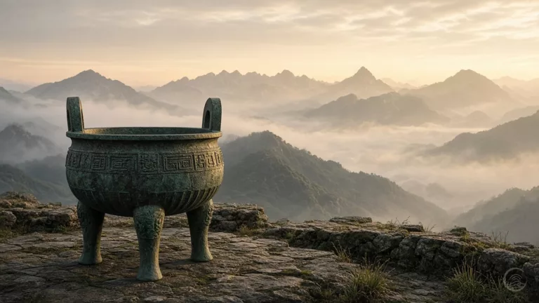 An old bronze cauldron with two handles, four legs and a green patina stands on a rocky mountain terrace at dawn, with misty mountain ridges and a sea of clouds behind it.