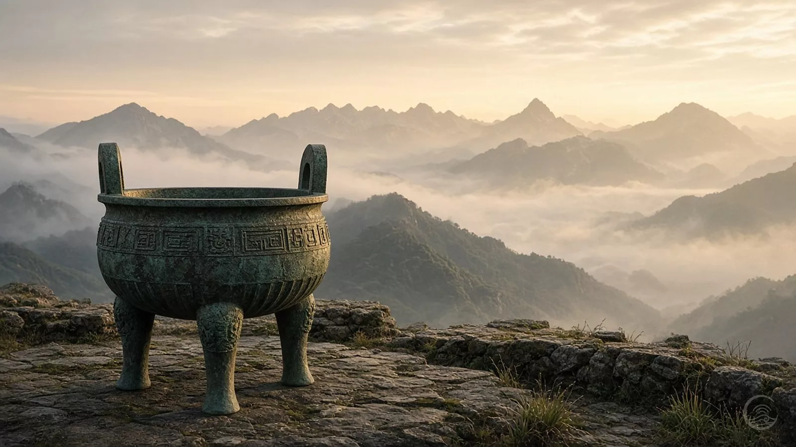 An old bronze cauldron with two handles, four legs and a green patina stands on a rocky mountain terrace at dawn, with misty mountain ridges and a sea of clouds behind it.