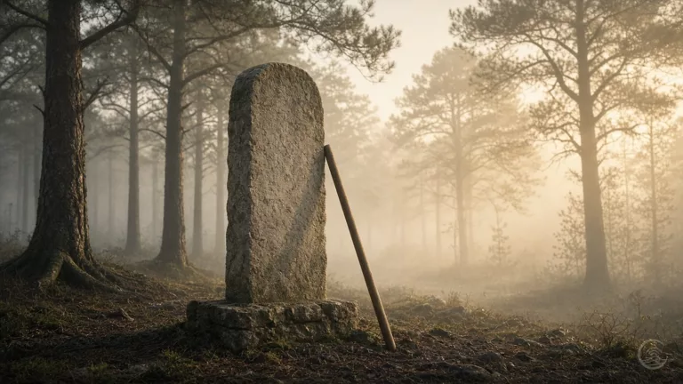 A weathered, round-topped upright stone without inscription stands on a stone base in a misty pine forest at dawn, with a long wooden staff leaning against it and soft golden light through the trees.