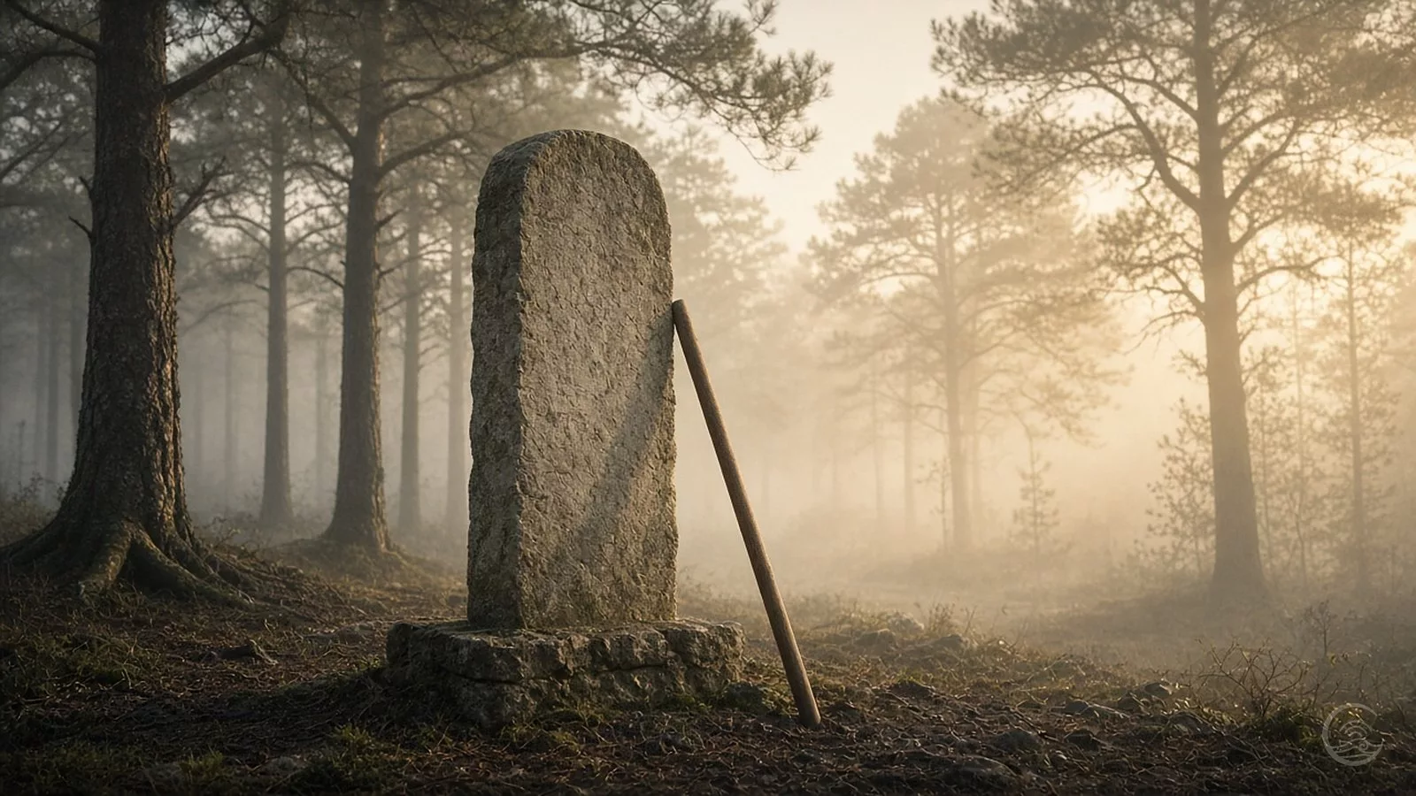 A weathered, round-topped upright stone without inscription stands on a stone base in a misty pine forest at dawn, with a long wooden staff leaning against it and soft golden light through the trees.