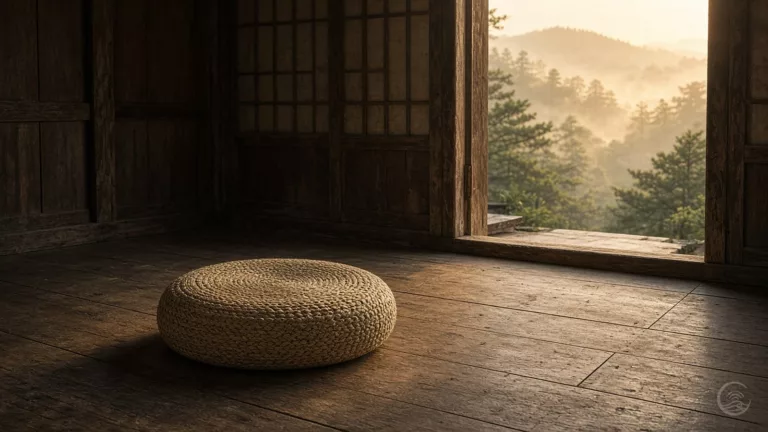 A round woven straw meditation cushion lies on the dark wooden floor of an empty traditional room, in warm low light from an open doorway that looks out on pine-covered hills in morning mist.