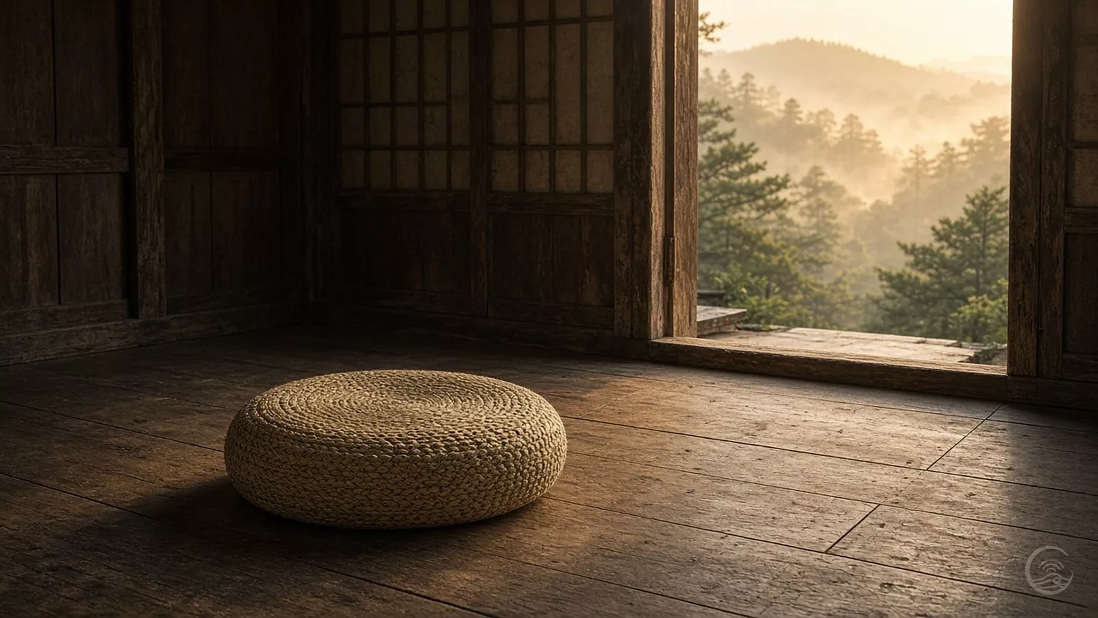 A round woven straw meditation cushion lies on the dark wooden floor of an empty traditional room, in warm low light from an open doorway that looks out on pine-covered hills in morning mist.