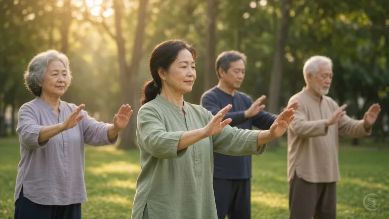 Four adults of different ages practise slow qigong together on a sunlit park lawn in the morning, arms raised gently in front of them, with green trees behind.