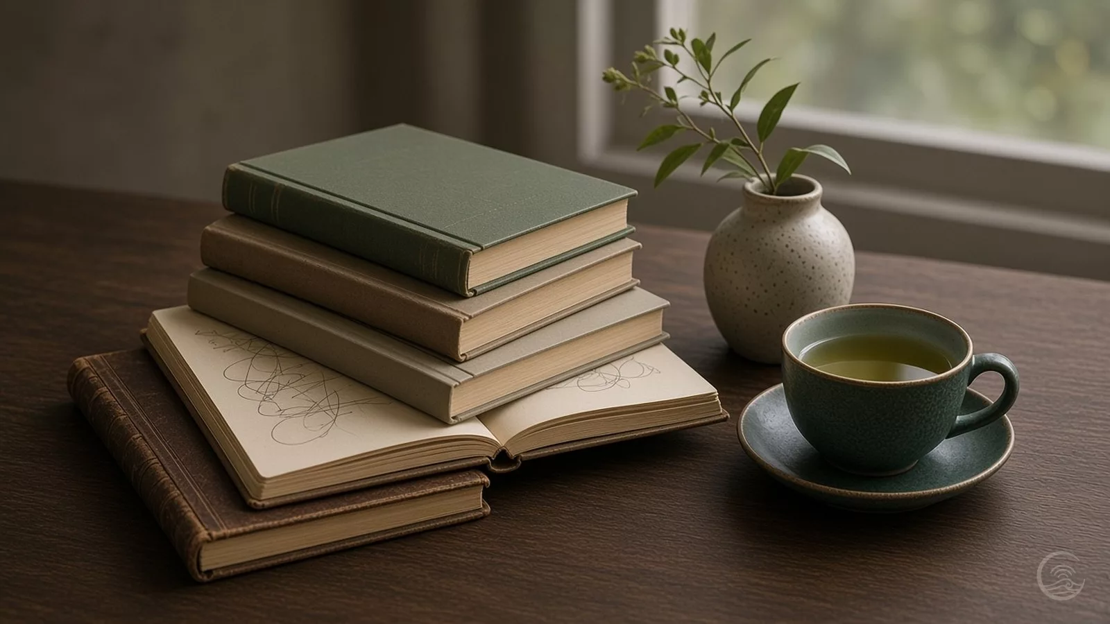 Books stacked like steps on a wooden table, with a vase and a cup of green tea