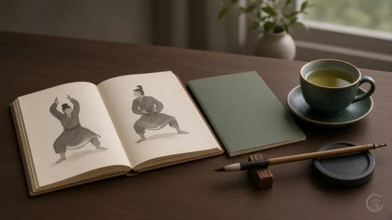 An open sketchbook of ink-drawn qigong postures beside a sage-green handbook, a brush, an ink stone and a cup of tea