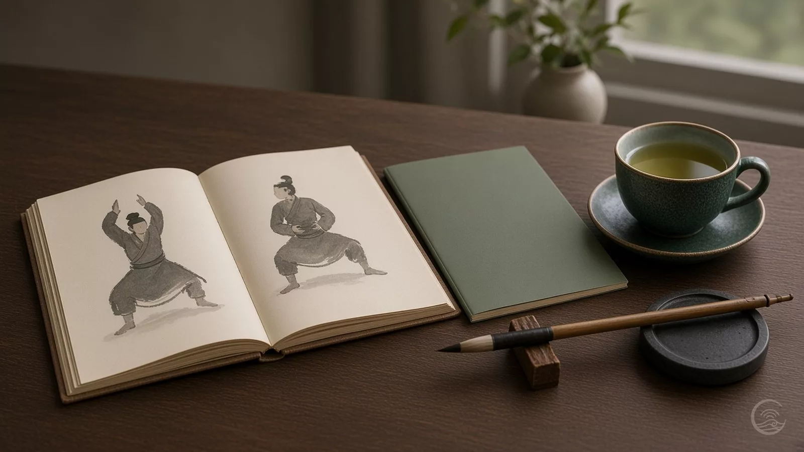 An open sketchbook of ink-drawn qigong postures beside a sage-green handbook, a brush, an ink stone and a cup of tea