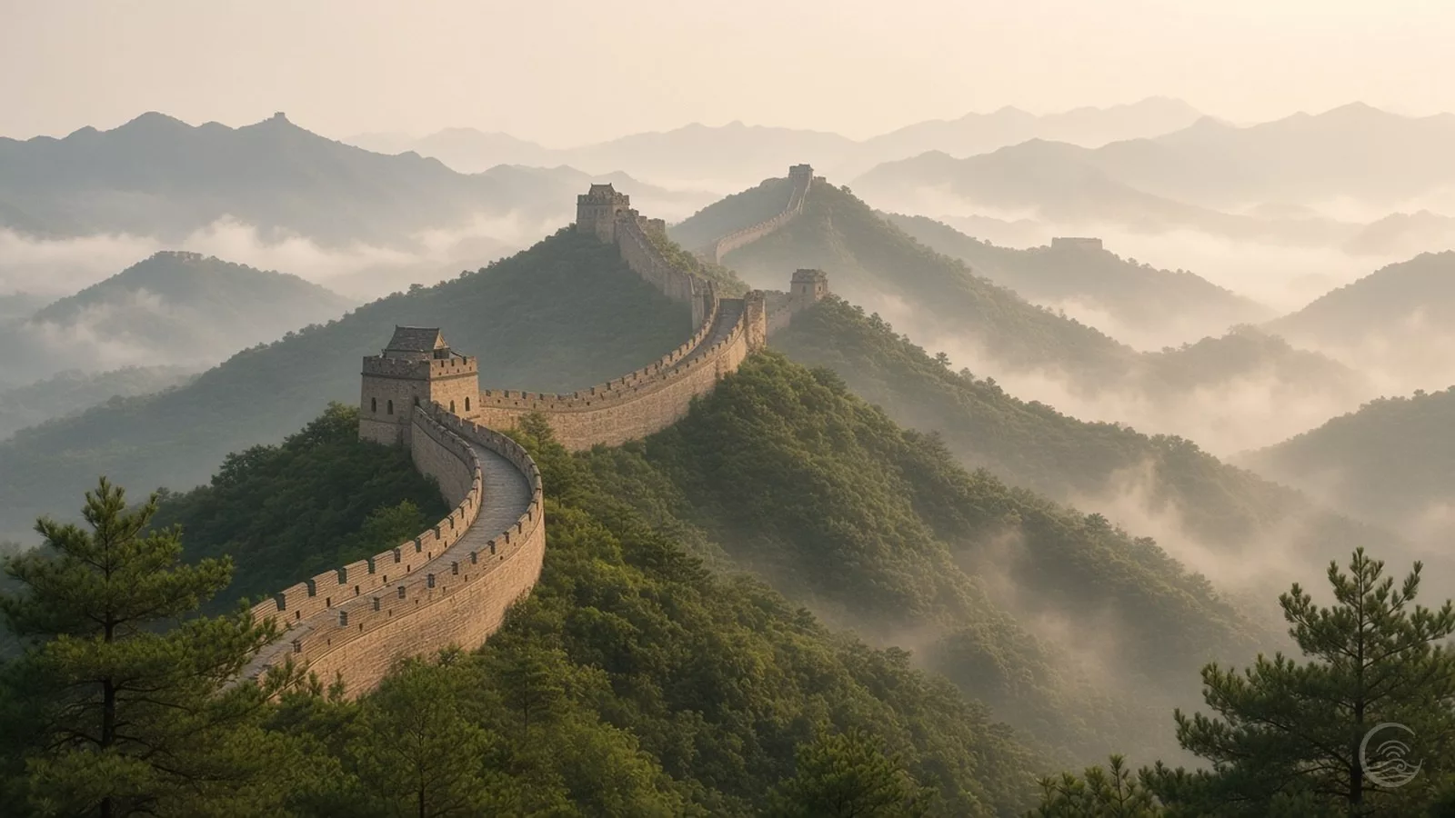 The Great Wall at Badaling winding over green ridges in soft morning mist