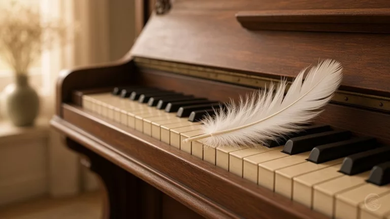 White dove feather resting on antique piano keys