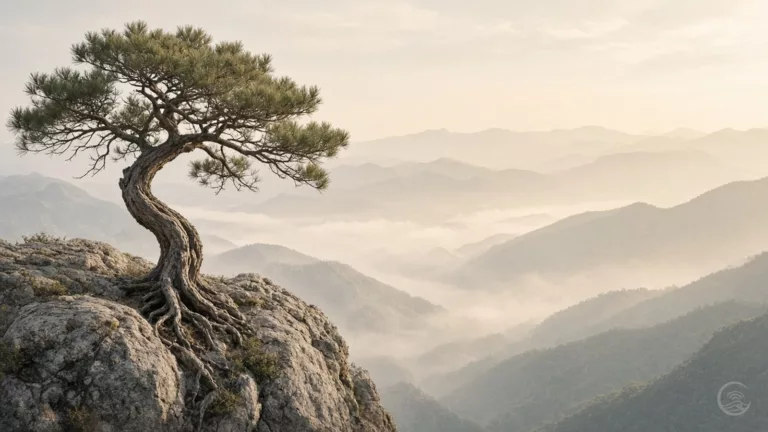 Pine tree rooted on a misty cliff