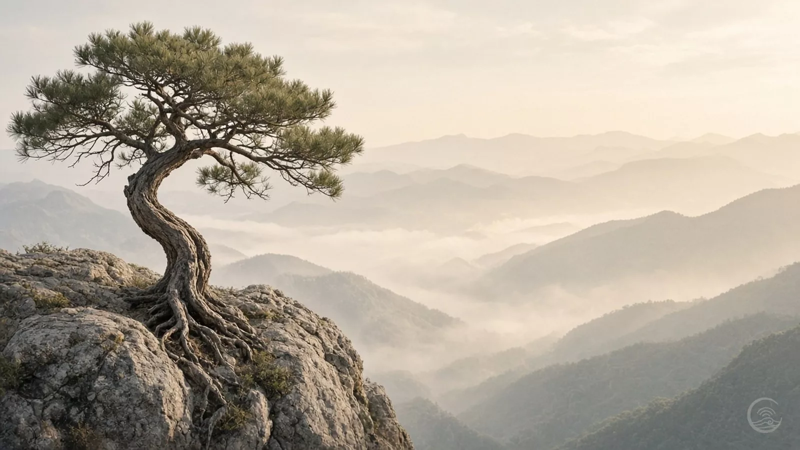 Pine tree rooted on a misty cliff
