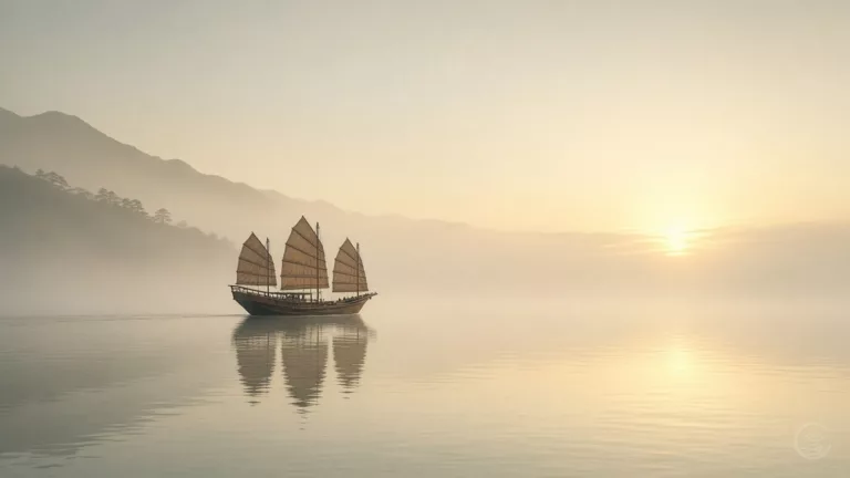 Chinese junk sailing across a misty sea towards a golden sunset