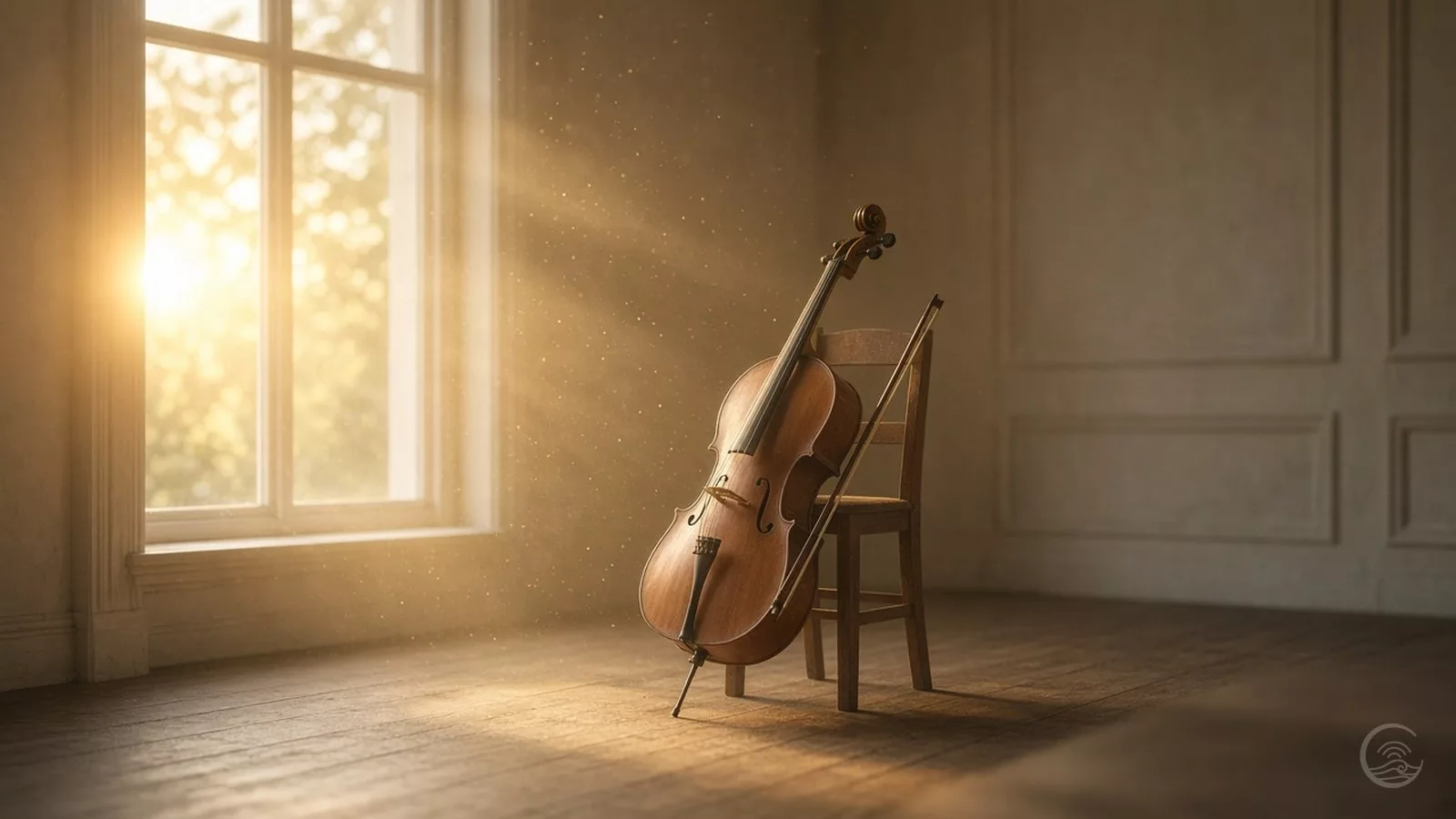 Cello and bow resting against a wooden chair in a quiet room, with golden morning light streaming through the window