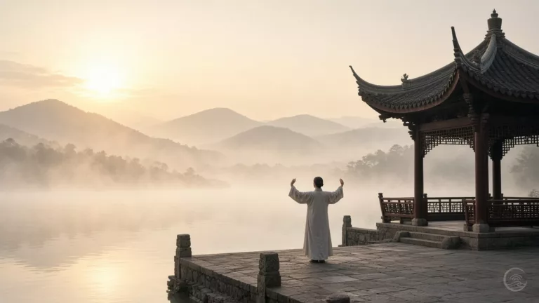 A practitioner, seen from behind, raises both arms beside a lakeside pavilion in golden morning mist