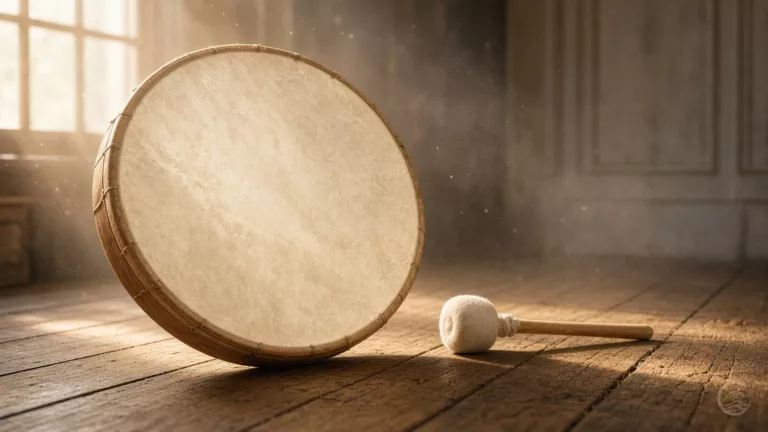 Frame drum and felt beater resting on a wooden floor in misty golden morning light