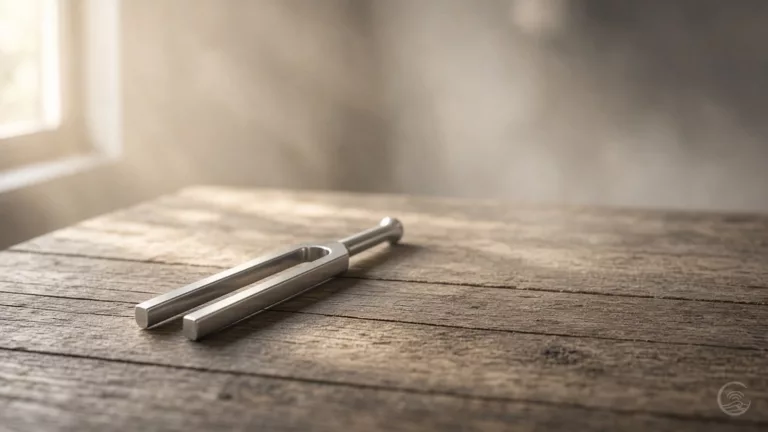 Steel tuning fork lying on a weathered wooden table in soft misty window light