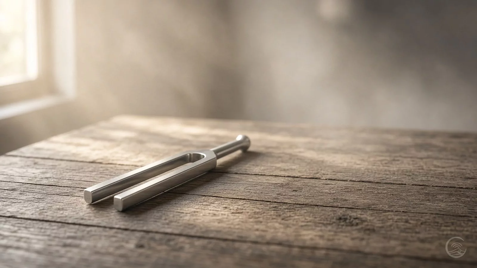 Steel tuning fork lying on a weathered wooden table in soft misty window light