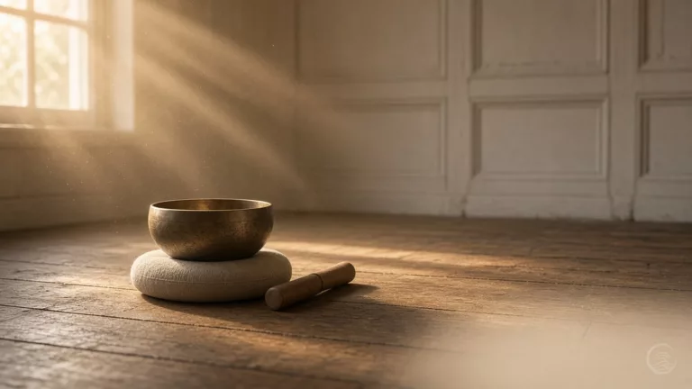 Bronze singing bowl on a cream cushion beside a wooden striker, on old floorboards in misty golden morning light