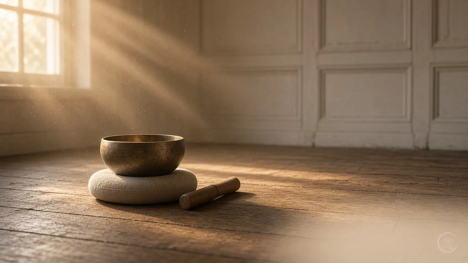 Bronze singing bowl on a cream cushion beside a wooden striker, on old floorboards in misty golden morning light