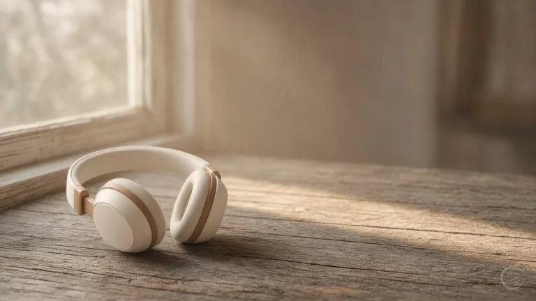 Cream-coloured headphones resting on a weathered wooden table by a window in soft golden light