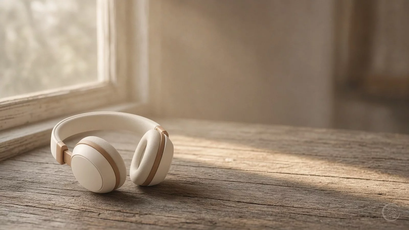 Cream-coloured headphones resting on a weathered wooden table by a window in soft golden light
