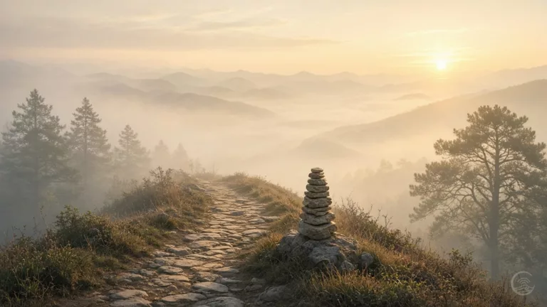 Old stone path with a small stone cairn on a misty mountain ridge in soft golden dawn light