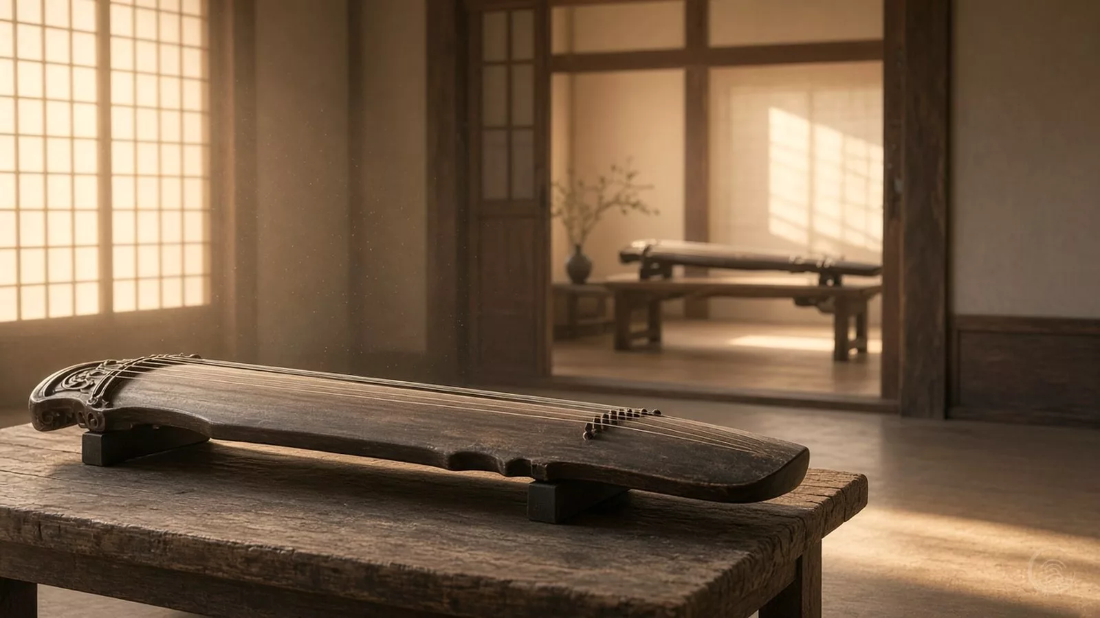 A Chinese guqin zither on a weathered wooden table, with a second zither in the room beyond, in warm golden light