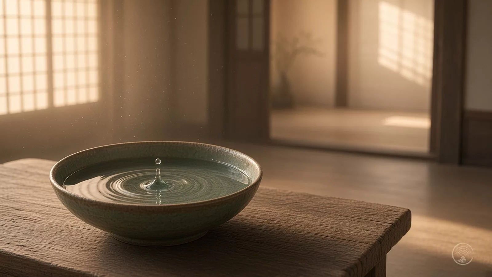 A drop falling into a bowl of still water, sending ripples outward, on a weathered wooden table in soft golden light