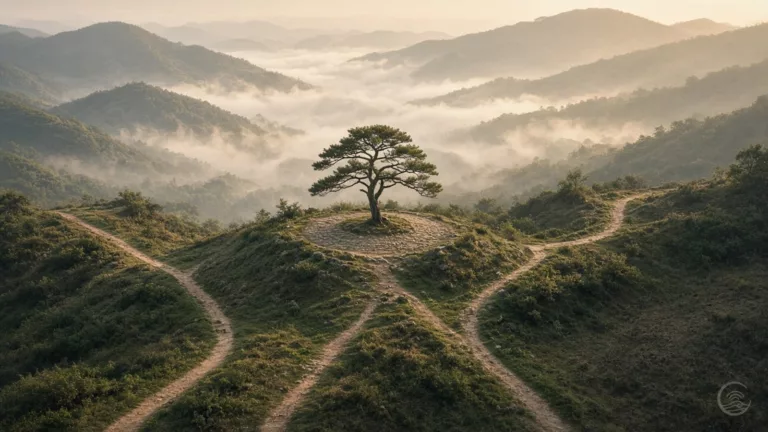Five narrow paths meeting in a misty mountain valley in soft golden dawn light