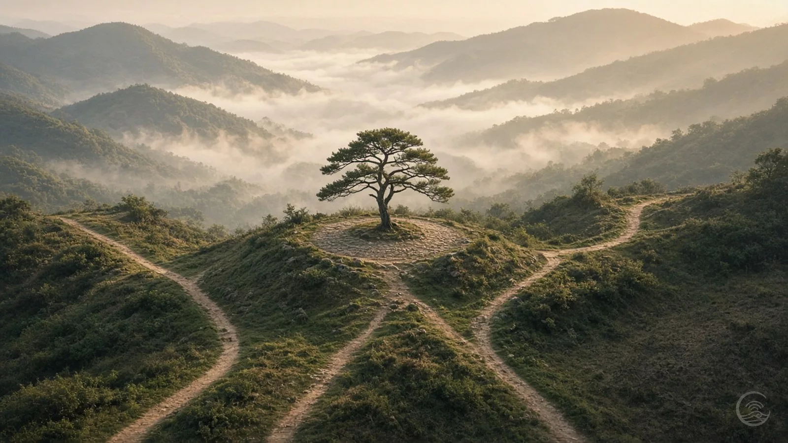 Five narrow paths meeting in a misty mountain valley in soft golden dawn light