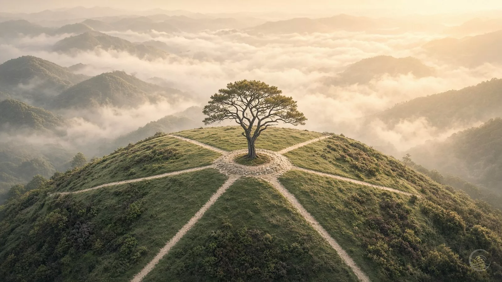 Six pale footpaths meeting at an old pine on a misty hilltop at golden dawn
