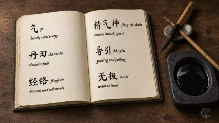 An open old notebook with handwritten Qigong terms in Chinese and Pinyin, such as 气 qì, 丹田 dāntián and 无极 wújí, beside a brush and a full inkstone